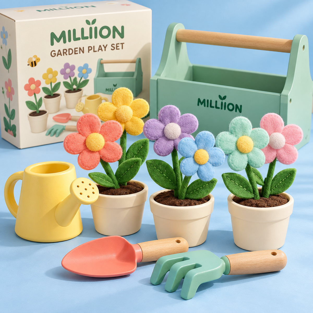 MILLIION® Kids Garden Play Set – Felt Flowers, Toy Pots, Watering Can & Gardening Tools for Pretend Play