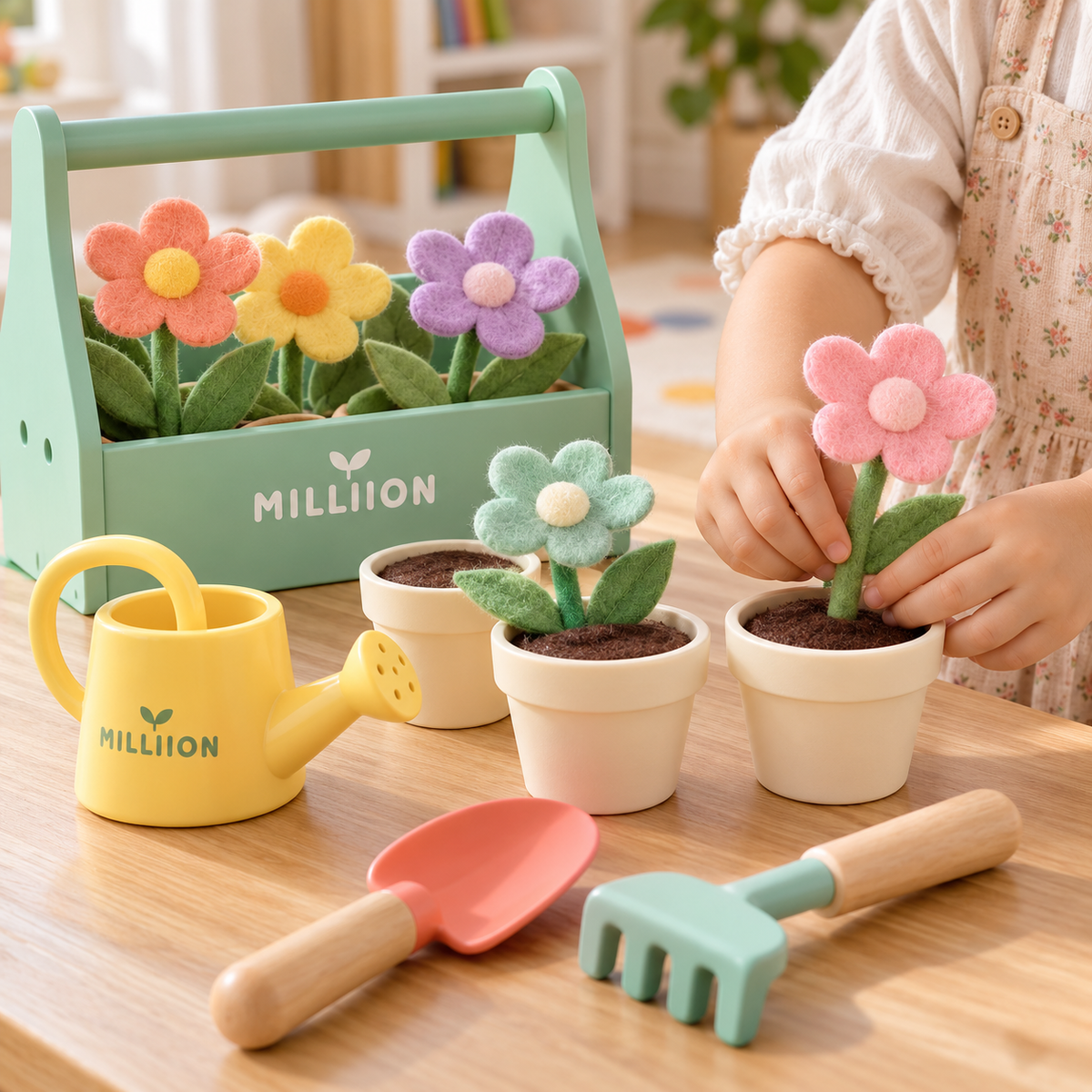 MILLIION® Kids Garden Play Set – Felt Flowers, Toy Pots, Watering Can & Gardening Tools for Pretend Play