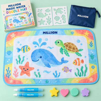 MILLIION® Magic Water Doodle Mat – Ocean-Themed Drawing Set with Water Pens, Stamps & Stencils for Kids