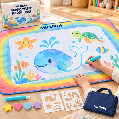 MILLIION® Magic Water Doodle Mat – Ocean-Themed Drawing Set with Water Pens, Stamps & Stencils for Kids