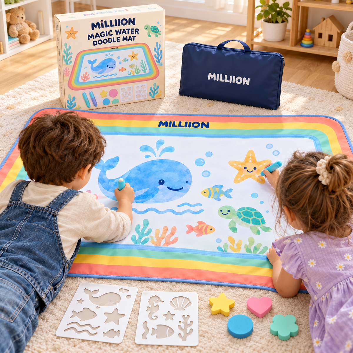 MILLIION® Magic Water Doodle Mat – Ocean-Themed Drawing Set with Water Pens, Stamps & Stencils for Kids