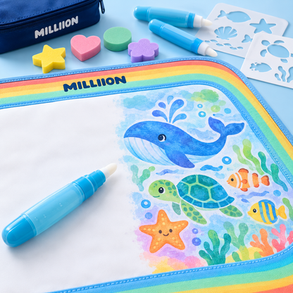 MILLIION® Magic Water Doodle Mat – Ocean-Themed Drawing Set with Water Pens, Stamps & Stencils for Kids