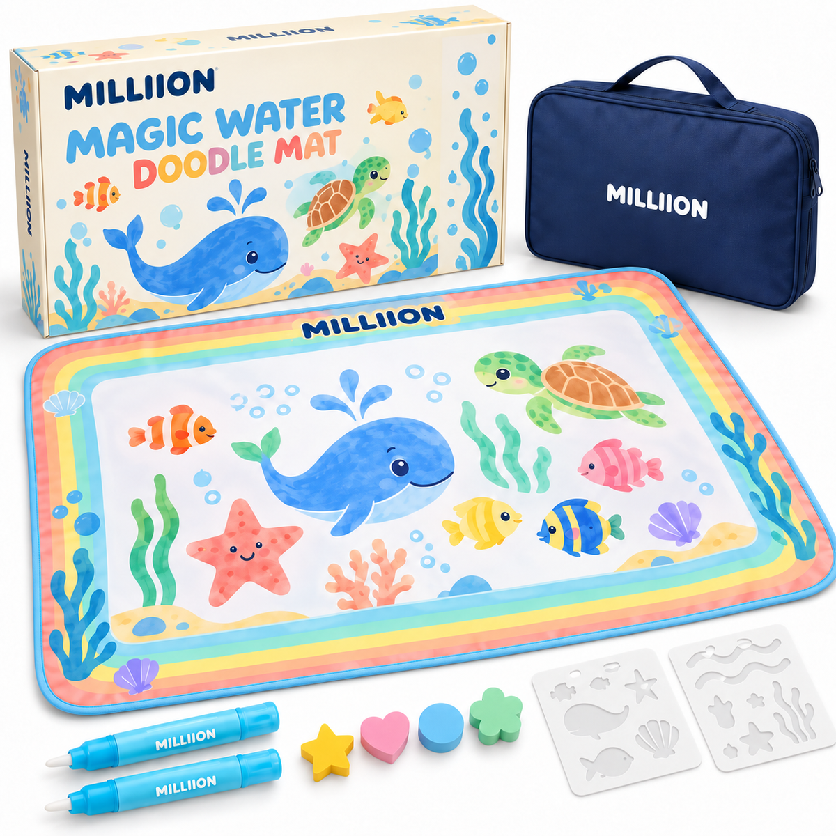 MILLIION® Magic Water Doodle Mat – Ocean-Themed Drawing Set with Water Pens, Stamps & Stencils for Kids