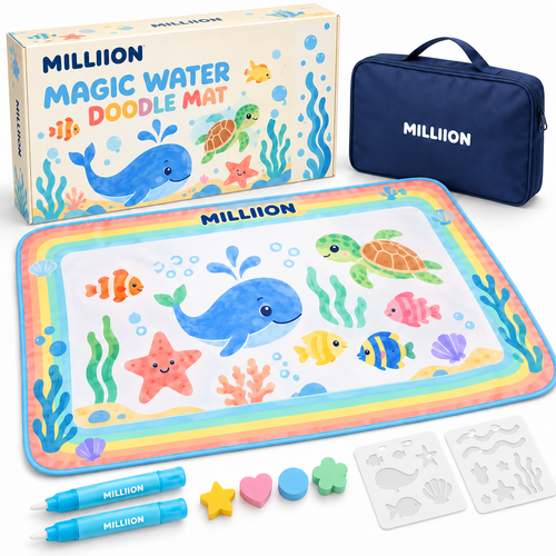 MILLIION® Magic Water Doodle Mat – Ocean-Themed Drawing Set with Water Pens, Stamps & Stencils for Kids