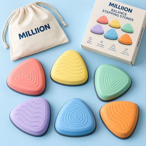 MILLIION® Kids Balance Stepping Stones – 6 Colorful Textured Stones with Storage Bag for Indoor Play