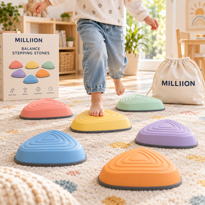 MILLIION® Kids Balance Stepping Stones – 6 Colorful Textured Stones with Storage Bag for Indoor Play