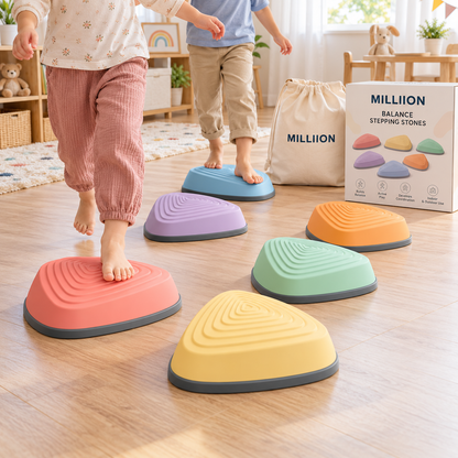 MILLIION® Kids Balance Stepping Stones – 6 Colorful Textured Stones with Storage Bag for Indoor Play