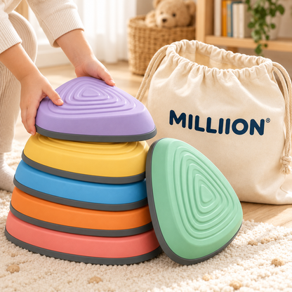 MILLIION® Kids Balance Stepping Stones – 6 Colorful Textured Stones with Storage Bag for Indoor Play